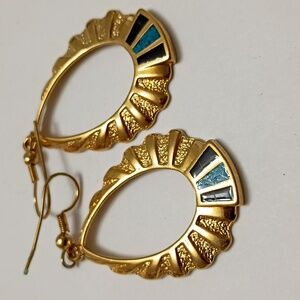 Signed Egyptian Style Earrings Gold-Tone Inlay Pierced 2" Office Casual